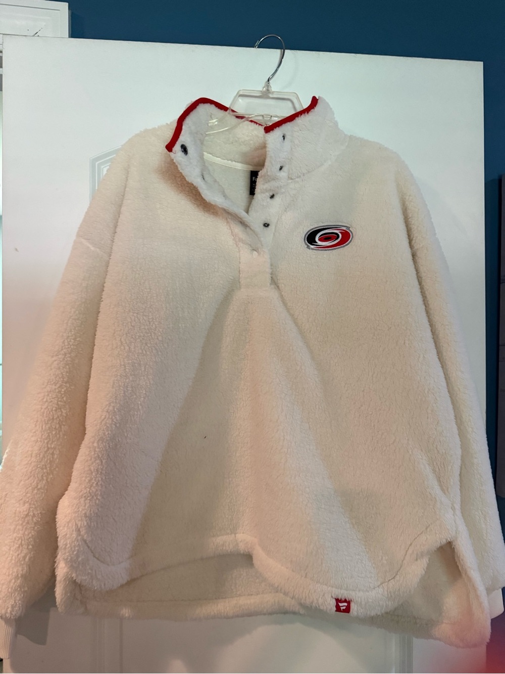 Fanatics Cream Sherpa Pullover with Red Trim & Team Patch